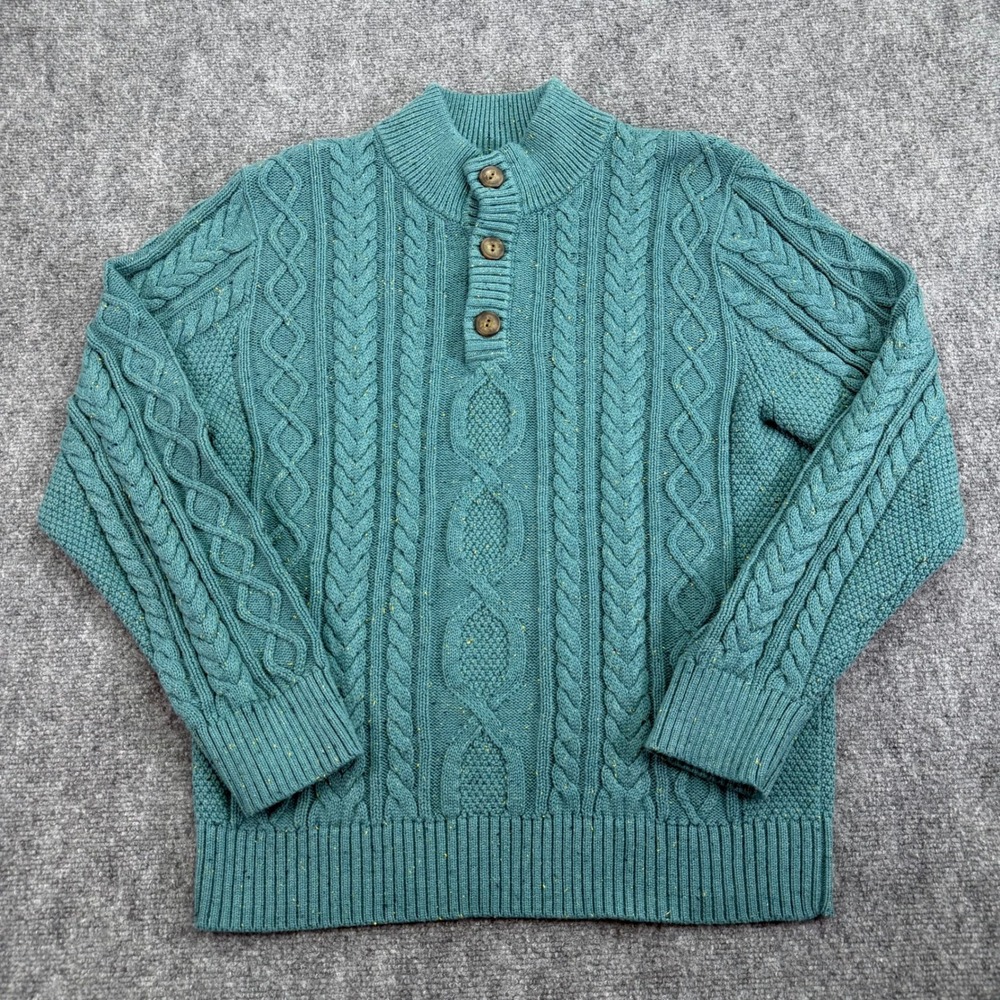 LL Bean Sweater Mens Medium Fisherman Cable Henley Donegal‎ Speckled Cotton